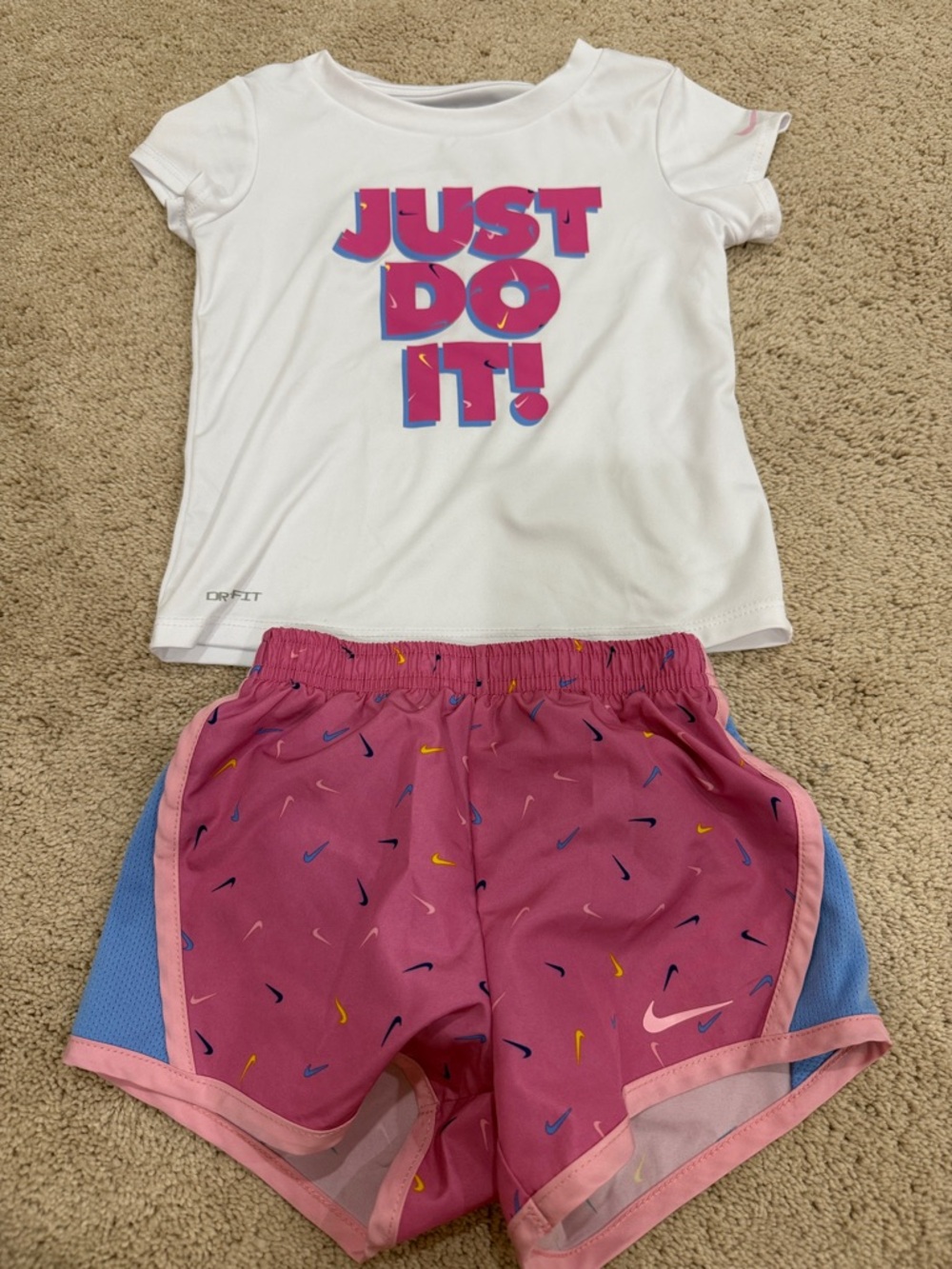 Nike White Tee with Pink & Blue 'JUST DO IT!' and Pink Multi-Swoosh Shorts